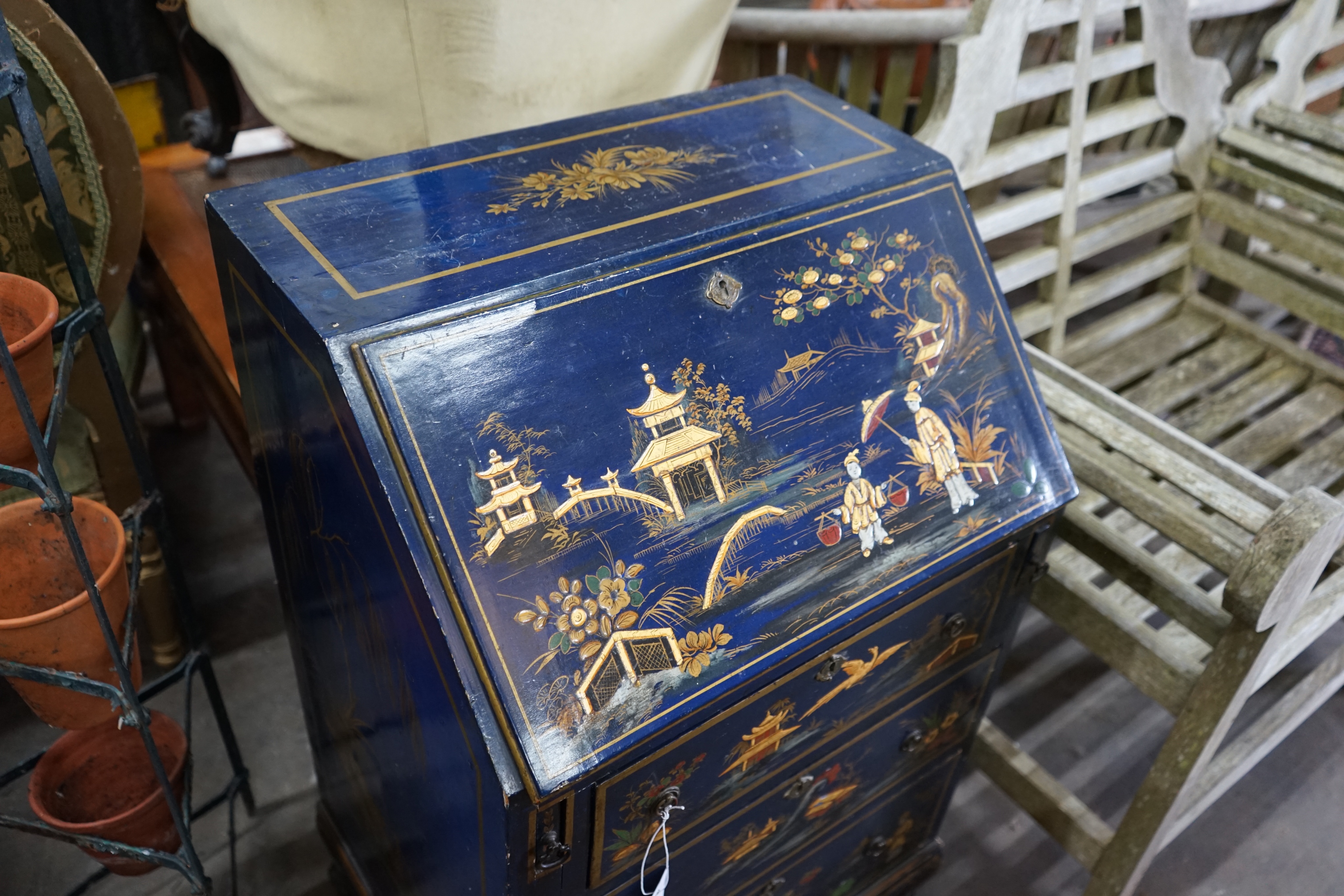 A small 1920's chinoiserie lacquer bureau, width 56cm depth 43cm height 92cm